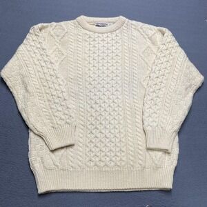 Celtic Country Sweater Mens Large White Cable-Knit Crew Neck Wool Pullover